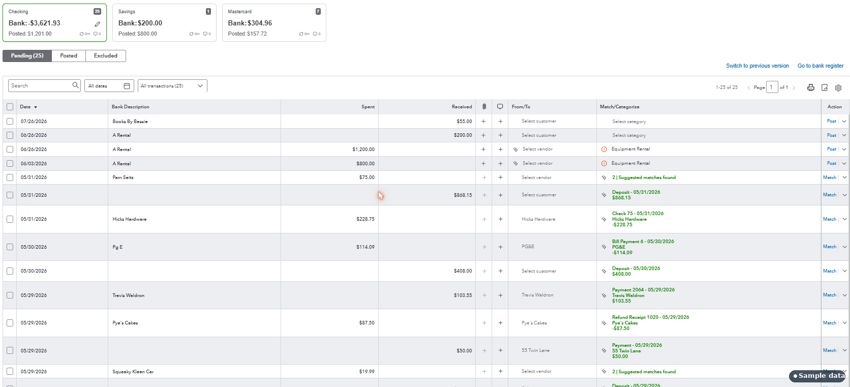 QuickBooks Online banking feed showing imported bank transactions ready to be matched and categorised