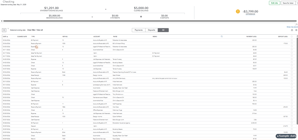 QuickBooks Online bank reconciliation screen matching a chequing account's transactions against a statement ending balance.