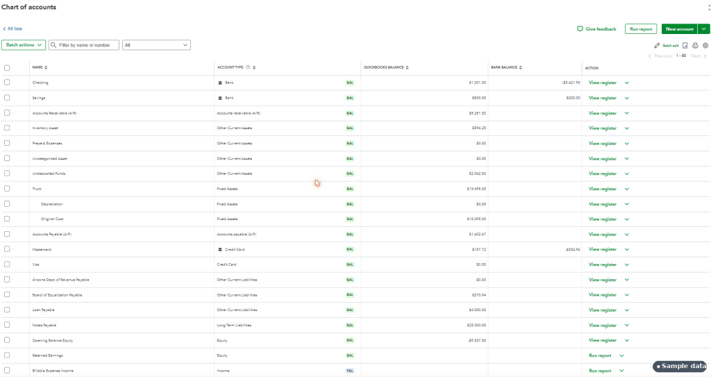 QuickBooks Online Chart of Accounts listing bank, asset, liability, income and expense accounts with balances for an illustrative sample company.
